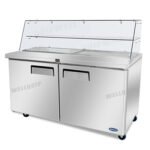commercial salad prep fridge with glass display and stainless steel GN pans