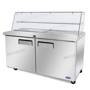 commercial salad prep fridge with glass display and stainless steel GN pans