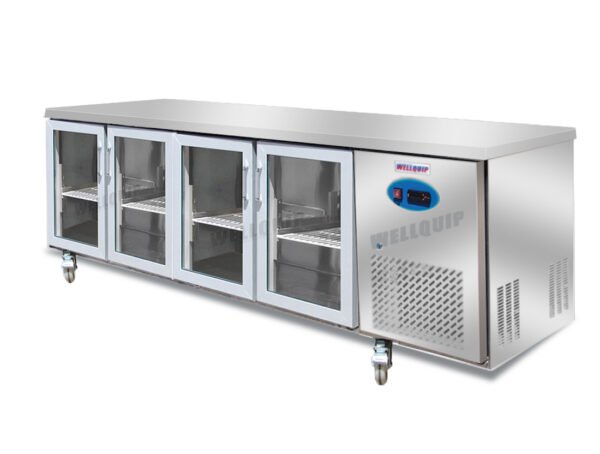 4-door commercial under bench fridge with double glazed glass doors and low running costs
