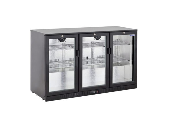 3-door commercial bar fridge with glass doors and LED lighting
