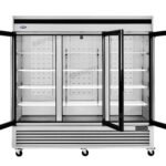 3-door commercial upright display freezer with triple-glazed glass doors and LED lighting