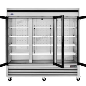 3-door commercial upright display freezer with triple-glazed glass doors and LED lighting