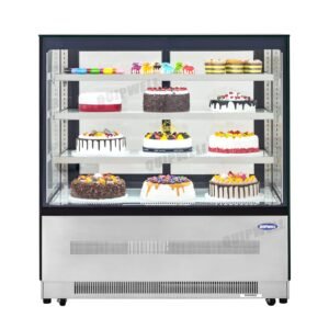 4-tier commercial cake display fridge with anti-fog panoramic glass and LED lighting