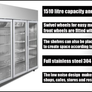 3-door commercial upright display fridge with Low-E glass and LED lighting