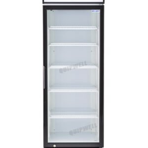 1-door commercial upright display fridge with glass doors and LED lighting