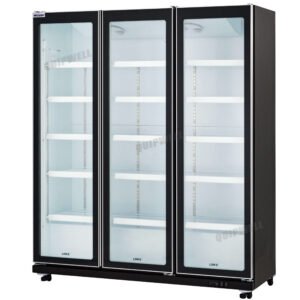 3-door commercial upright display fridge with full height Low-E glass doors and LED lighting