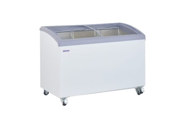 KC360-1A Crop Energy-efficient glass display chest freezer with 500L capacity, baskets and curved sliding doors