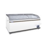 Energy-efficient glass display chest freezer with 700L capacity, LED lighting and curved sliding doors