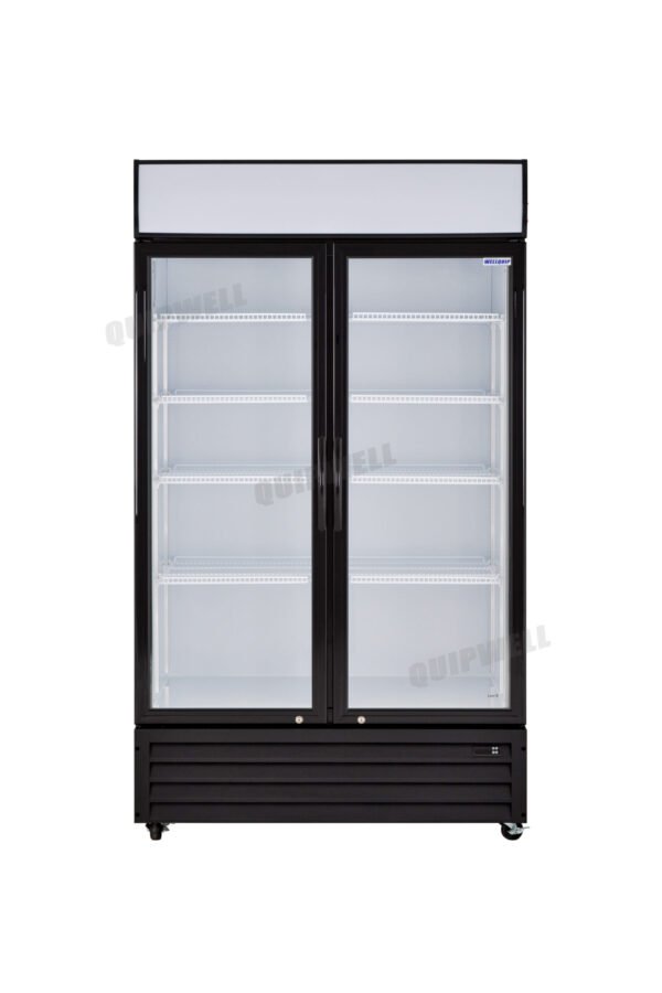2-door commercial upright display fridge with glass doors and LED lighting