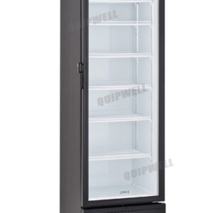 1-door commercial upright display fridge with glass doors and LED lighting
