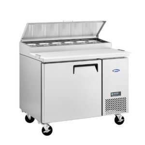 commercial pizza prep fridge with stainless steel GN pans
