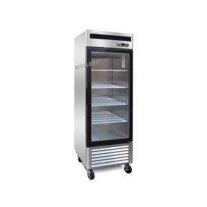 1-door commercial upright display freezer with triple-glazed glass doors and LED lighting