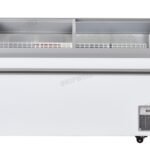 Energy-efficient glass display chest fridge with 550L capacity, LED lighting, auto defrost and curved sliding doors