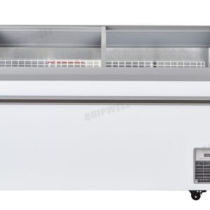Energy-efficient glass display chest fridge with 550L capacity, LED lighting, auto defrost and curved sliding doors