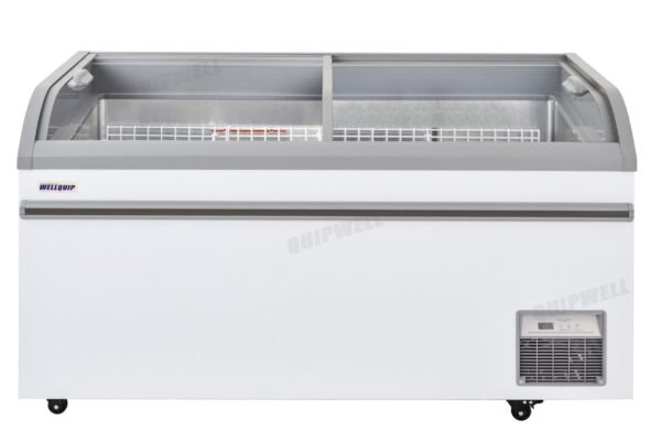 Energy-efficient glass display chest fridge with 550L capacity, LED lighting, auto defrost and curved sliding doors
