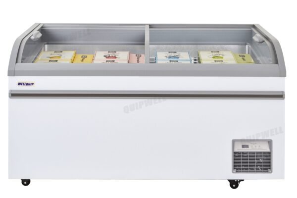 Energy-efficient glass display chest freezer with 550L capacity, LED lighting, auto defrost and curved sliding doors