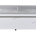 Energy-efficient glass display chest freezer with 800L capacity, LED lighting, auto defrost and curved sliding doors