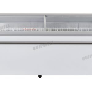 Energy-efficient glass display chest freezer with 800L capacity, LED lighting, auto defrost and curved sliding doors