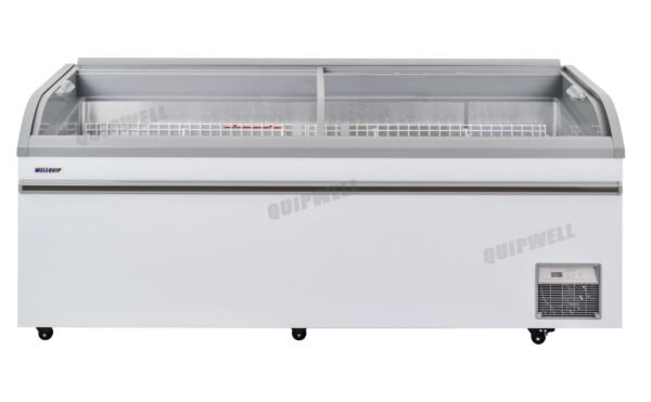 SN800-1A Energy-efficient glass display chest freezer with 800L capacity, LED lighting, auto defrost and curved sliding doors