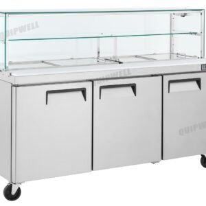 commercial salad prep fridge with glass display and stainless steel GN pans