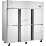 6 split door commercial upright storage fridge with stainless steel doors and low running costs