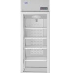 1-door commercial upright display freezer with triple-glazed glass doors and LED lighting