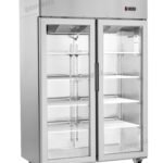 2-door commercial upright display freezer with triple-glazed glass doors and LED lighting