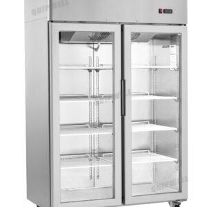 2-door commercial upright display freezer with triple-glazed glass doors and LED lighting