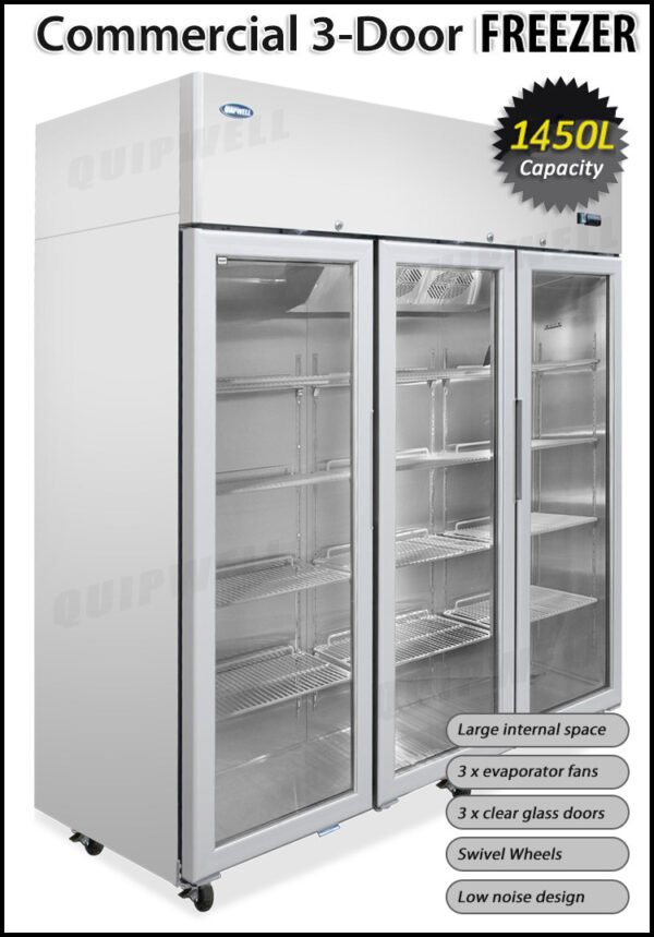 3-door commercial upright display freezer with triple-glazed glass doors and LED lighting