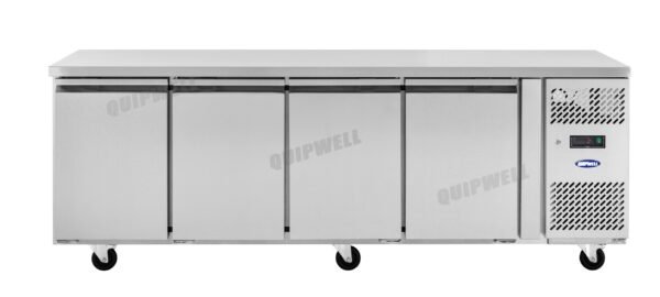 4-door commercial under bench fridge with stainless steel doors and 7 Star GEMS rating
