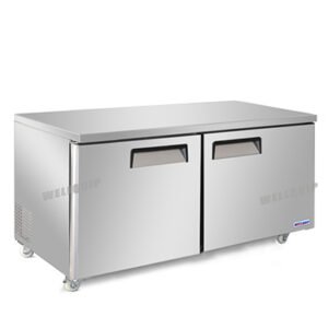 2-door commercial bench freezer with integrated benchtop, stainless steel doors and low running costs