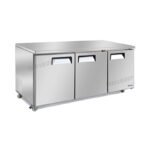 3-door commercial bench fridge with integrated benchtop, stainless steel doors and low running costs