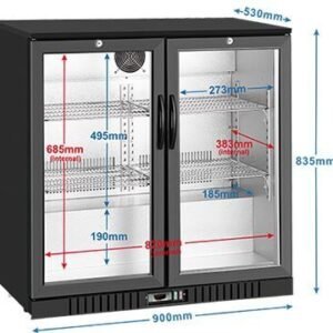 2-door commercial bar fridge with glass doors and LED lighting