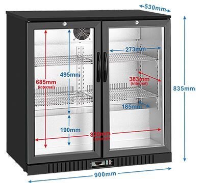 2-door commercial bar fridge with glass doors and LED lighting