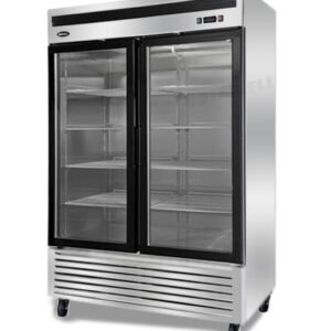Energy-efficient upright display fridge with 1335L capacity, fan-forced cooling and adjustable shelves