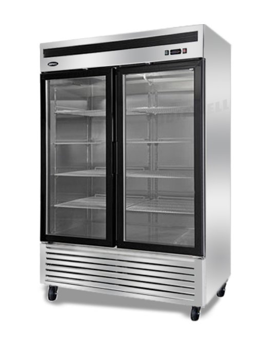 Energy-efficient upright display fridge with 1335L capacity, fan-forced cooling and adjustable shelves