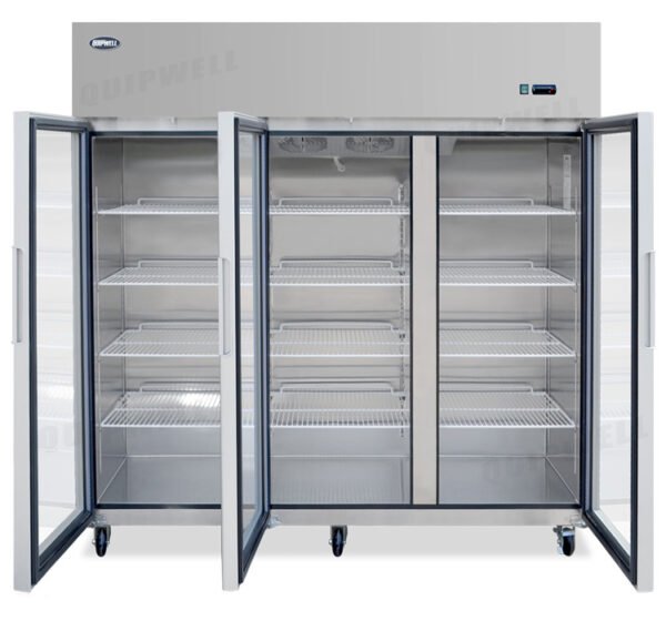 Energy-efficient upright display fridge with 1400L capacity, fan-forced cooling and adjustable shelves