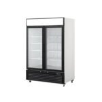 2-door commercial upright display fridge with sliding glass doors and LED lighting