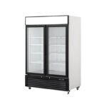 2-door commercial upright display fridge with glass doors and LED lighting