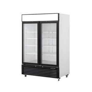 2-door commercial upright display fridge with glass doors and LED lighting