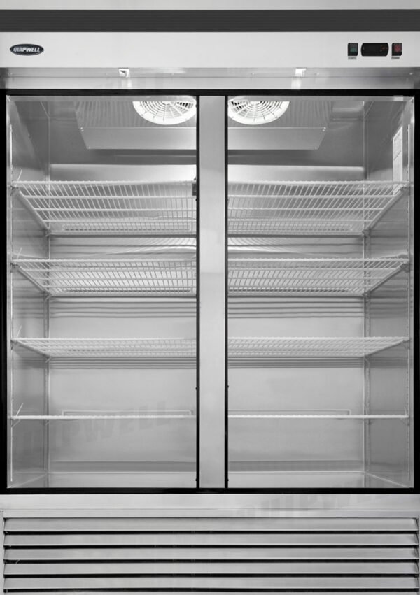 Energy-efficient upright display fridge with 1335L capacity, fan-forced cooling and adjustable shelves