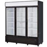 3-door commercial upright display fridge with glass doors and LED lighting