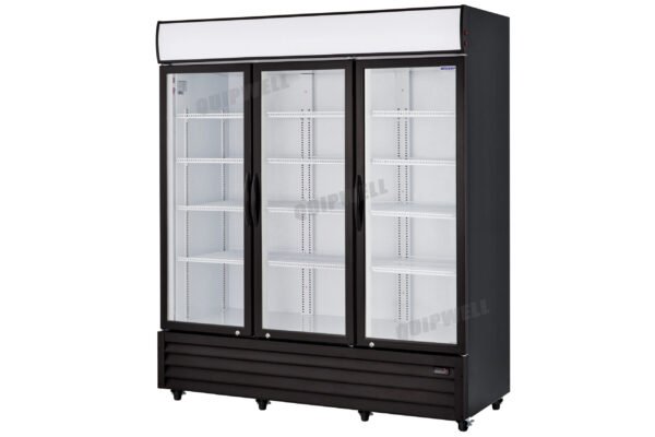 3-door commercial upright display fridge with glass doors and LED lighting